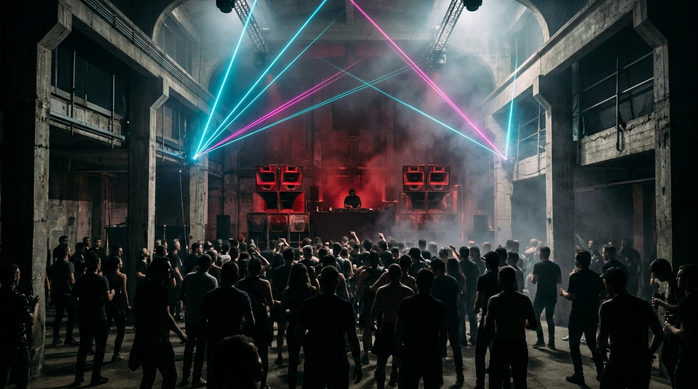 Underground club community gathered on the dancefloor under atmospheric club lighting