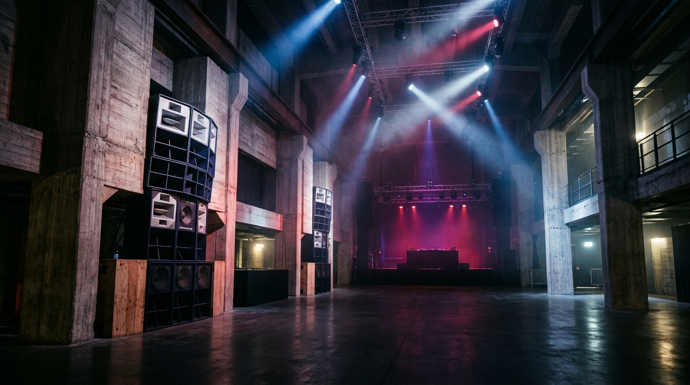 Atmospheric underground club venue with raw industrial architecture and bespoke sound stacks